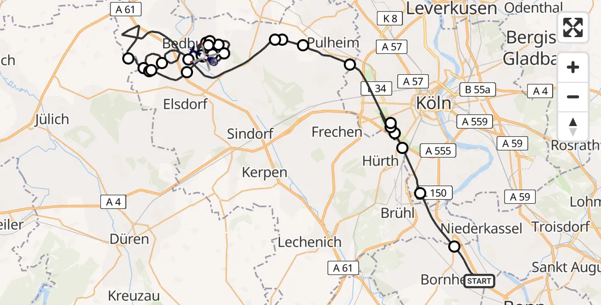 Flugroute Polizeihubschrauber Bornheim - Bergheim, 19 Mai 2026, 11:52