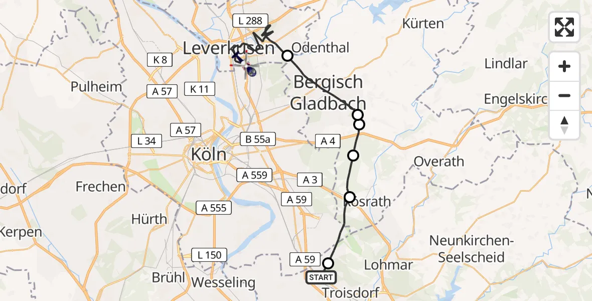 Flugroute Polizeihubschrauber Troisdorf - Leverkusen Flugplatz, 19 Mai 2026, 11:52