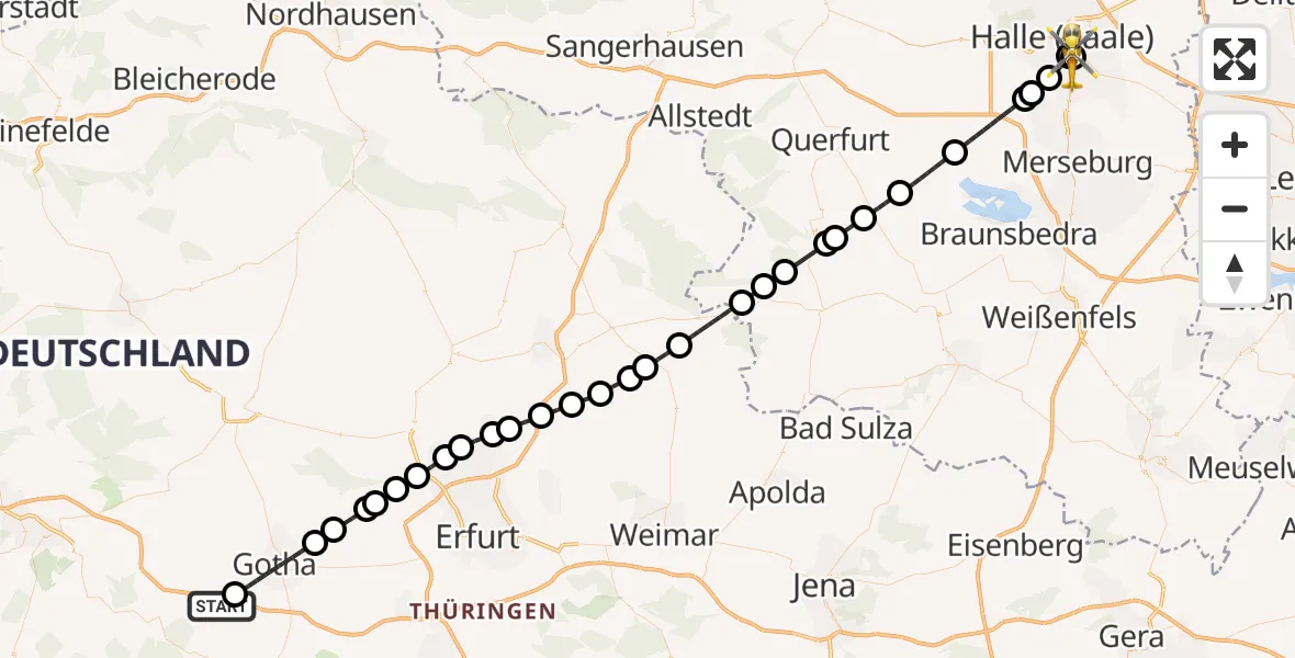 Flugroute Rettungshubschrauber Georgenthal - BG Hospital Bergmannstrost Halle, 19 Mai 2026, 11:52