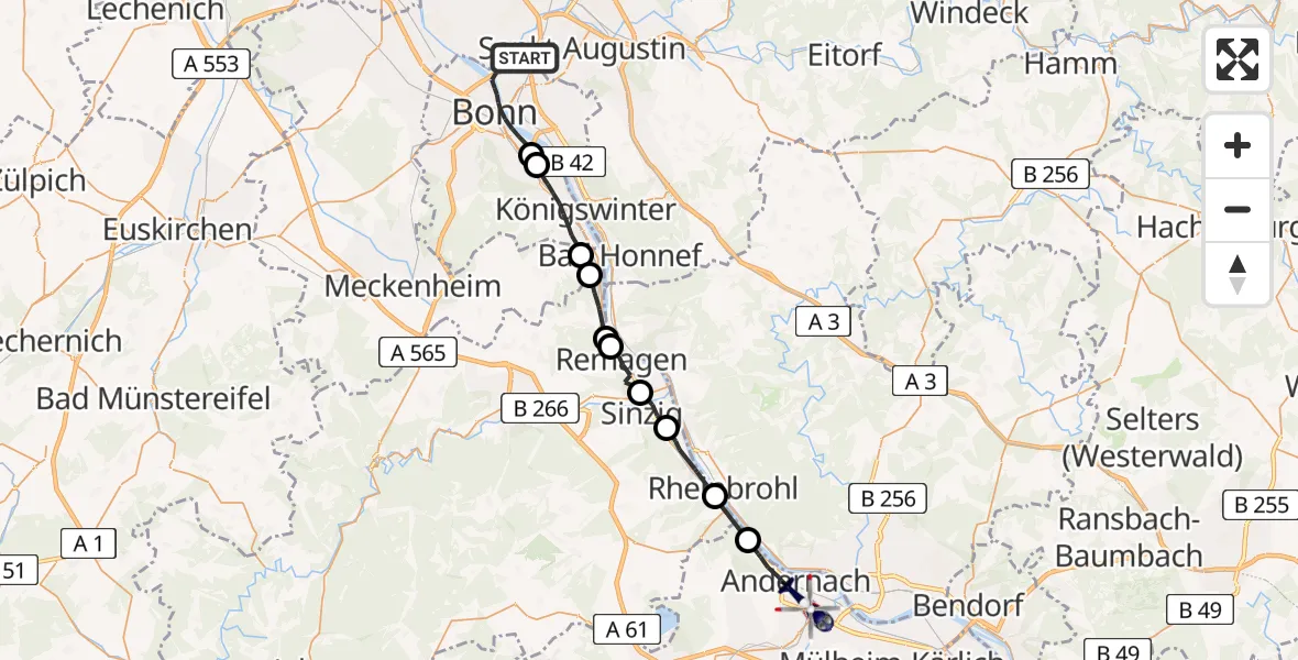 Flugroute Polizeihubschrauber Bonn - Andernach, 19 Mai 2026, 11:53