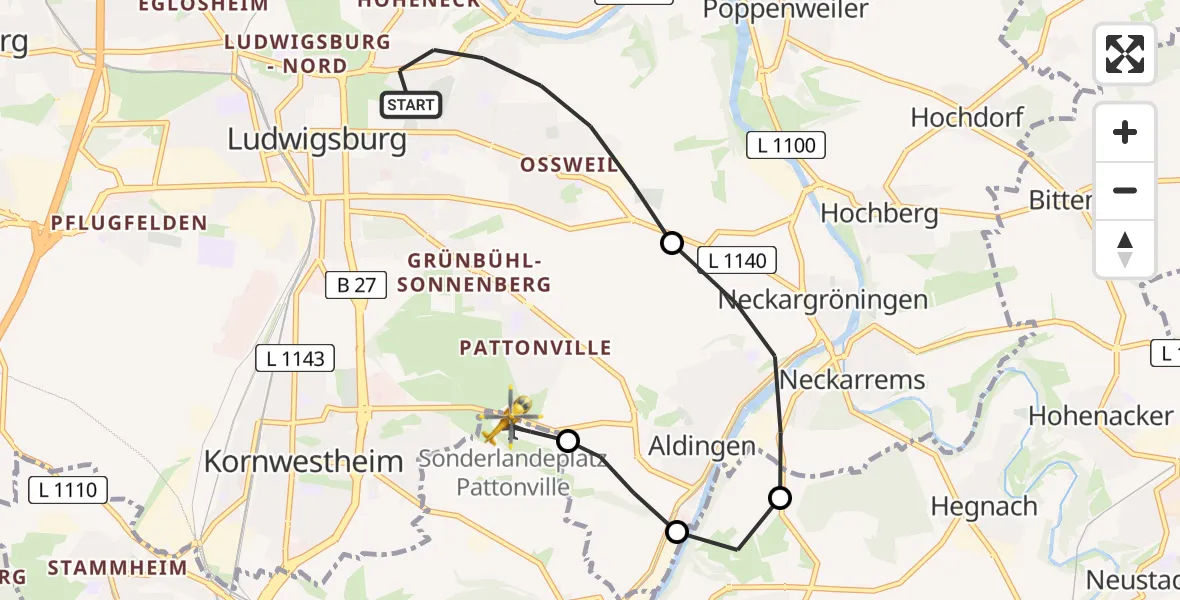 Flugroute Rettungshubschrauber Ludwigsburg - Pattonville Flugplatz, 19 Mai 2026, 11:55