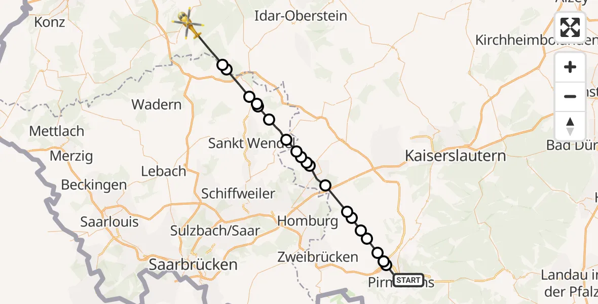 Flugroute Ambulanzhubschrauber Pirmasens - Malborn, 19 Mai 2026, 11:56