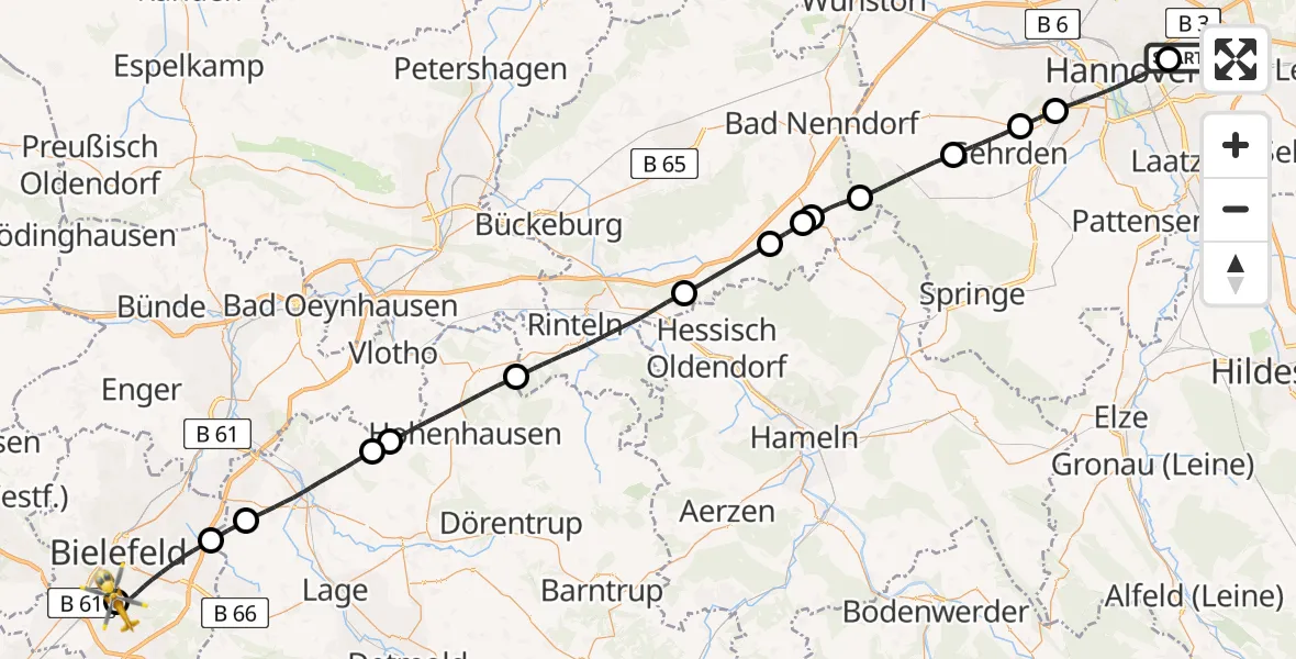 Flugroute Rettungshubschrauber Hannover Luftrettung Hubschrauberlandeplatz (Christoph 4) - Luftrettungszentrum Bielefeld, 19 Mai 2026, 11:58