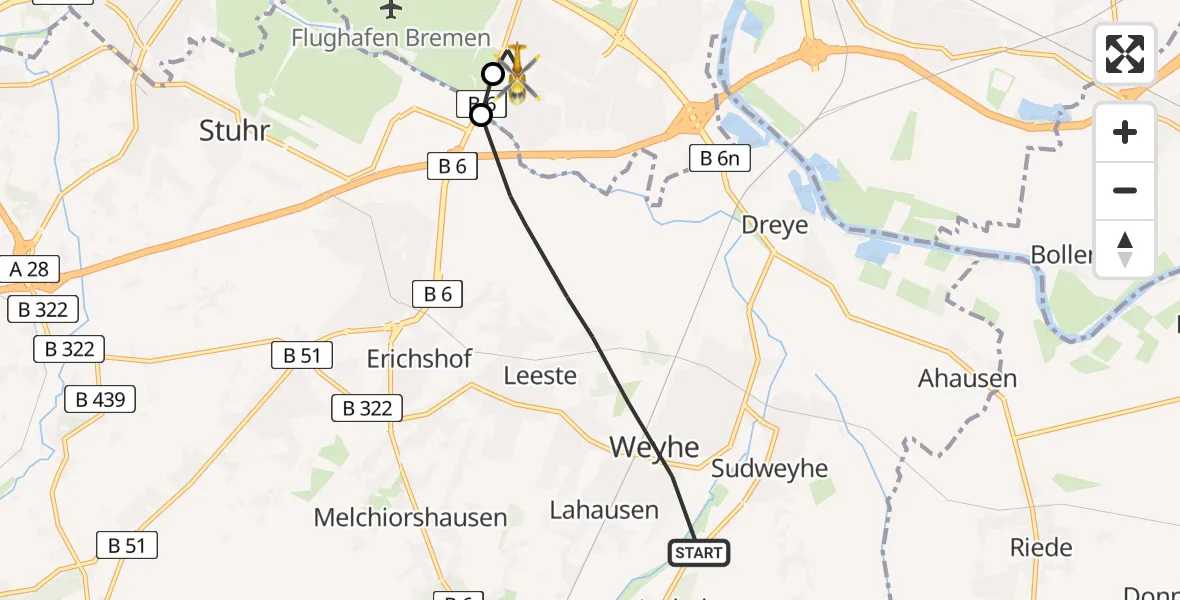 Flugroute Rettungshubschrauber Weyhe - ADAC Air Rescue Station Bremen Hubschrauberlandeplatz (Christoph 6), 19 Mai 2026, 12:00
