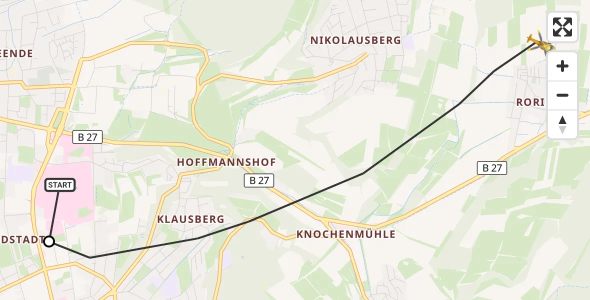 Flugroute Rettungshubschrauber Göttingen University Clinic Hubschrauberlandeplatz - Göttingen, 19 Mai 2026, 12:04