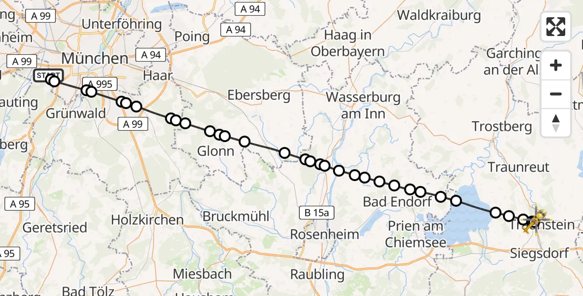 Flugroute Rettungshubschrauber DRF Air Rescue München Hubschrauberlandeplatz - Traunstein Hospital, 19 Mai 2026, 12:08
