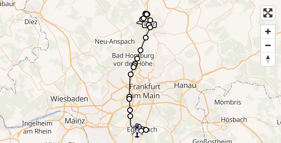 Flugroute Polizeihubschrauber Ober-Mörlen Flugplatz - Flughafen Frankfurt-Egelsbach, 19 Mai 2026, 12:10