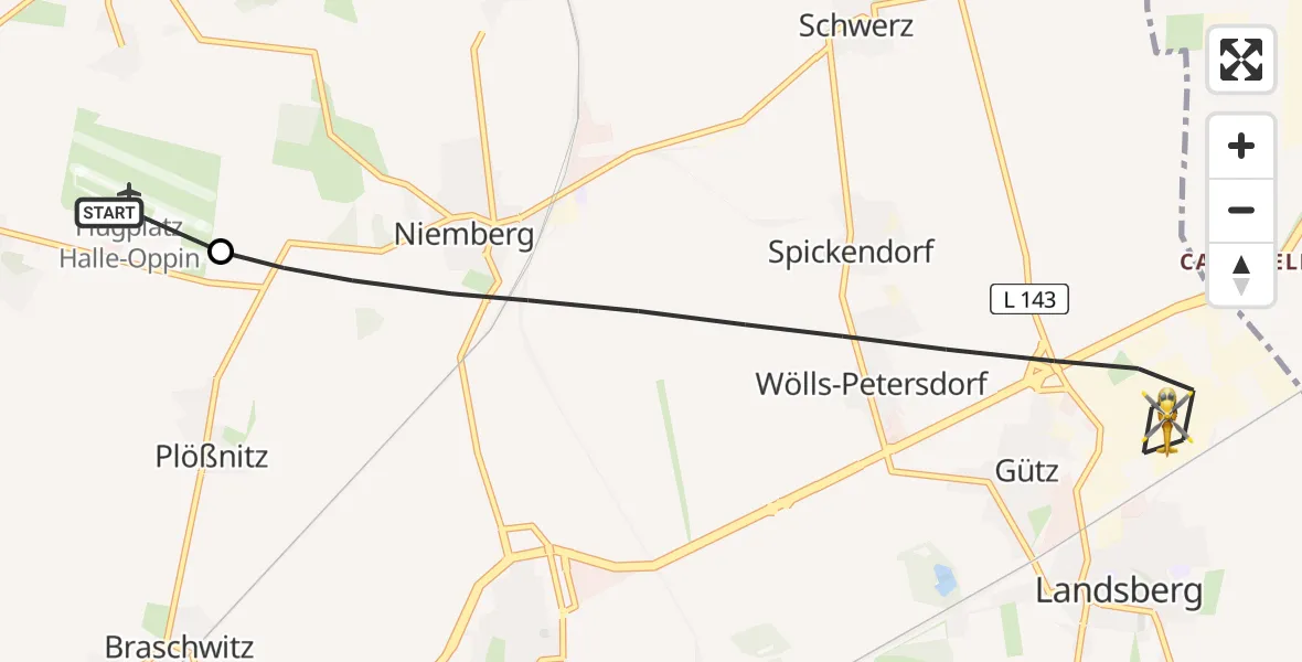Flugroute Rettungshubschrauber Halle-Oppin Flugplatz - Landsberg, 19 Mai 2026, 12:11
