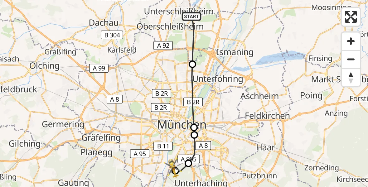 Flugroute Rettungshubschrauber Oberschleißheim - ADAC Air Rescue Center Hubschrauberlandeplatz (Christoph 1), 19 Mai 2026, 12:12