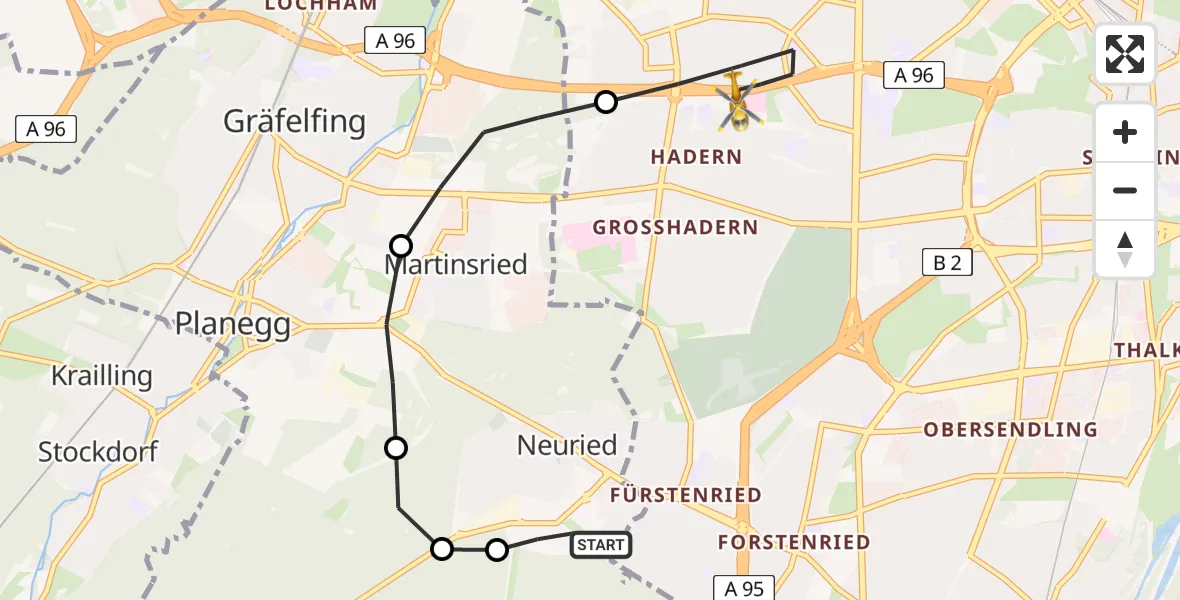 Flugroute Rettungshubschrauber Neuried - München, 19 Mai 2026, 12:13