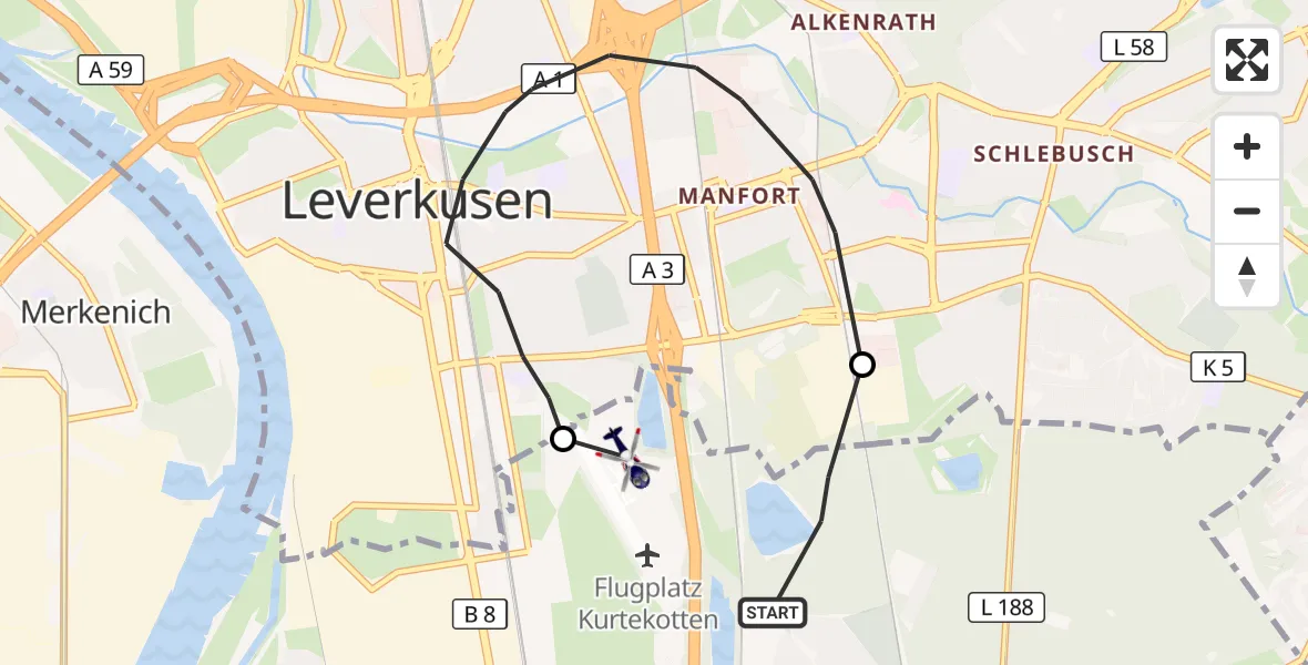 Flugroute Polizeihubschrauber Köln - Leverkusen Flugplatz, 19 Mai 2026, 12:13
