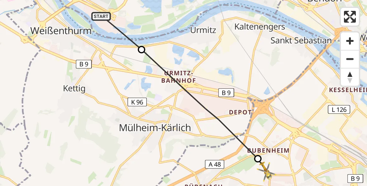 Flugroute Rettungshubschrauber Neuwied - Koblenz, 19 Mai 2026, 12:15