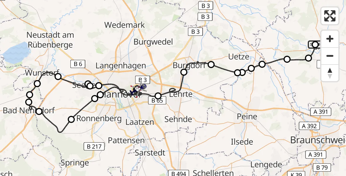 Flugroute Polizeihubschrauber Gifhorn Bundespolizei Hubschrauberlandeplatz - Hannover Luftrettung Hubschrauberlandeplatz (Christoph 4), 19 Mai 2026, 12:16