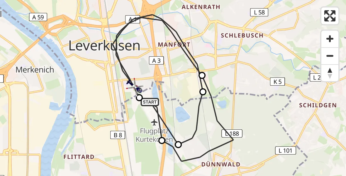 Flugroute Polizeihubschrauber Leverkusen Flugplatz - Leverkusen, 19 Mai 2026, 12:17