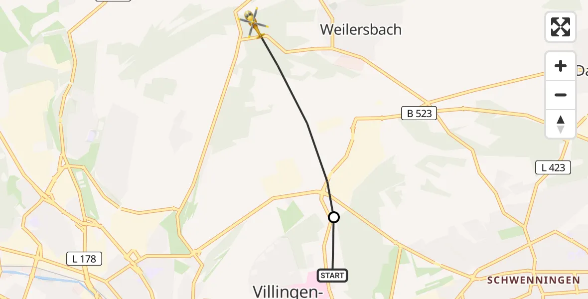 Flugroute Rettungshubschrauber DRF Air Rescue Station Villingen-Schwenningen Hubschrauberlandeplatz (Christoph 11) - Villingen-Schwenningen, 19 Mai 2026, 12:18
