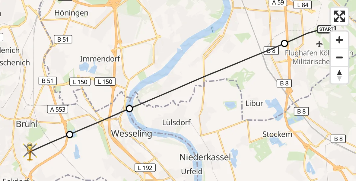 Flugroute Rettungshubschrauber Köln Bonn Flughafen - Brühl, 19 Mai 2026, 12:19