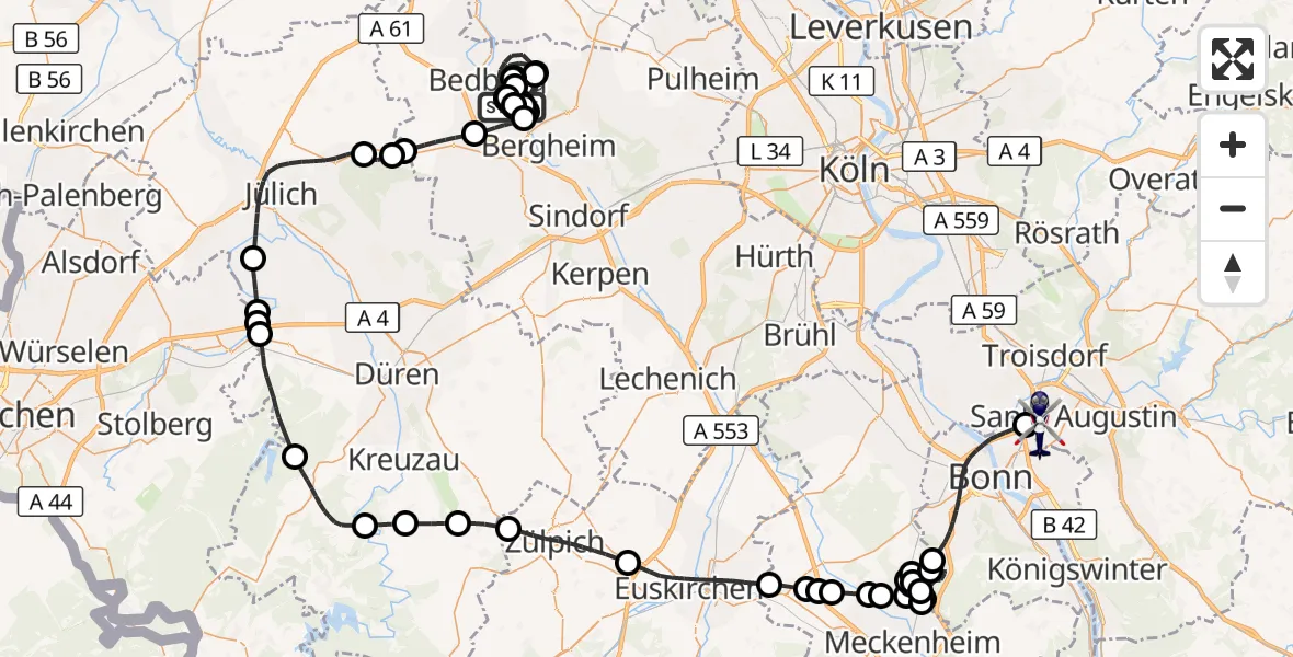 Flugroute Polizeihubschrauber Bergheim - Sankt Augustin, 19 Mai 2026, 12:21