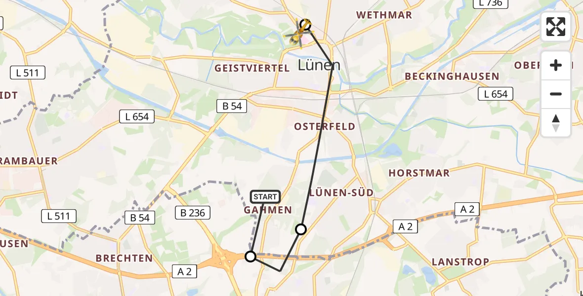 Flugroute Rettungshubschrauber Lünen - Sankt Marien Hospital, 19 Mai 2026, 12:29