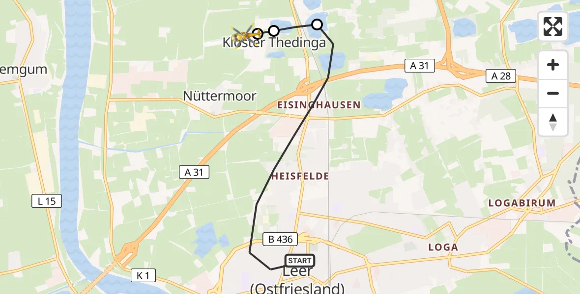 Flugroute Ambulanzhubschrauber Leer (Ostfriesland) - Flugplatz Leer-Papenburg, 19 Mai 2026, 12:31