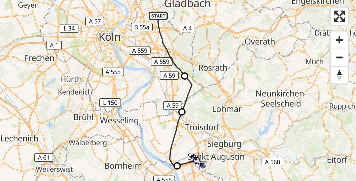 Flugroute Polizeihubschrauber Köln - Sankt Augustin, 19 Mai 2026, 12:40