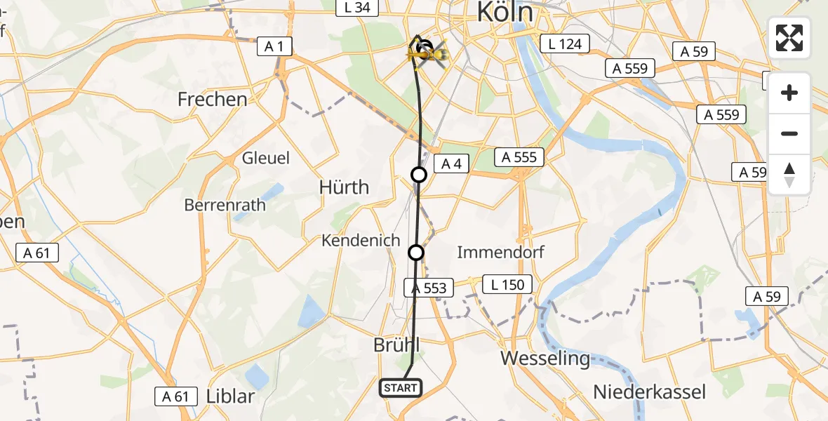 Flugroute Rettungshubschrauber Brühl - Köln University Hospital, 19 Mai 2026, 12:40