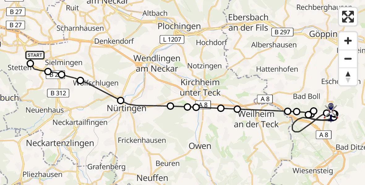 Flugroute Polizeihubschrauber Flughafen Stuttgart - Gruibingen-Nortel Flugplatz, 19 Mai 2026, 12:43