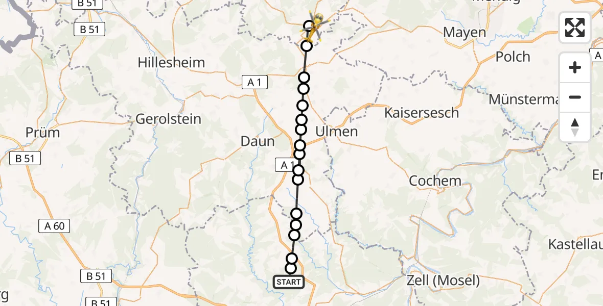 Flugroute Ambulanzhubschrauber Plein - Nürburgring Hubschrauberlandeplatz, 19 Mai 2026, 12:45