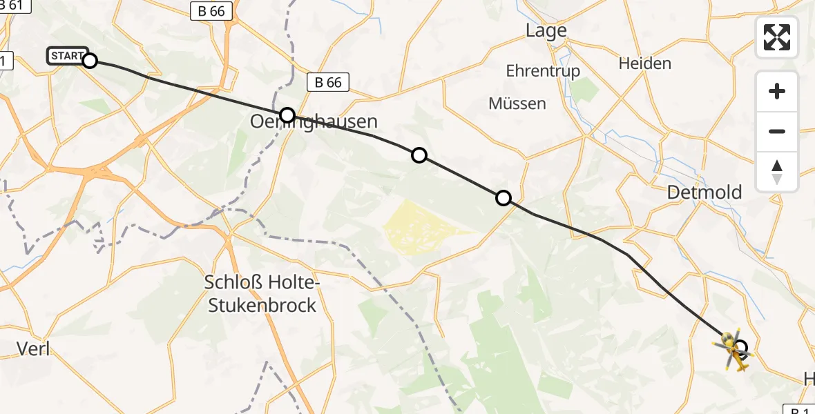 Flugroute Rettungshubschrauber Luftrettungszentrum Bielefeld - Horn-Bad Meinberg, 19 Mai 2026, 12:45
