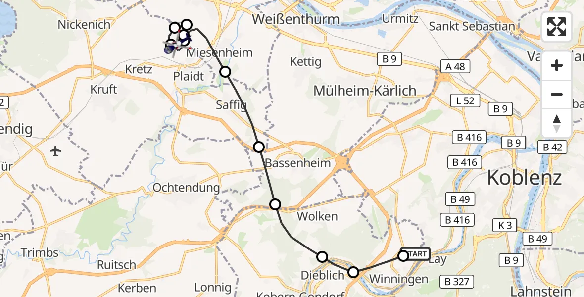 Flugroute Polizeihubschrauber Koblenz-Winningen Flugplatz - Plaidt, 19 Mai 2026, 12:50