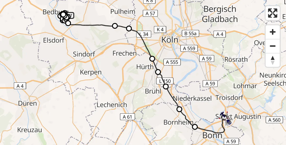 Flugroute Polizeihubschrauber Bergheim - Sankt Augustin, 19 Mai 2026, 12:54