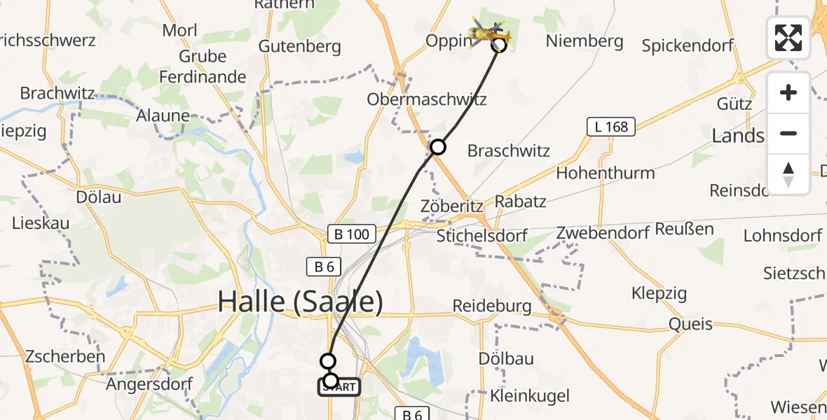 Flugroute Rettungshubschrauber BG Hospital Bergmannstrost Halle - Halle-Oppin Flugplatz, 19 Mai 2026, 12:54