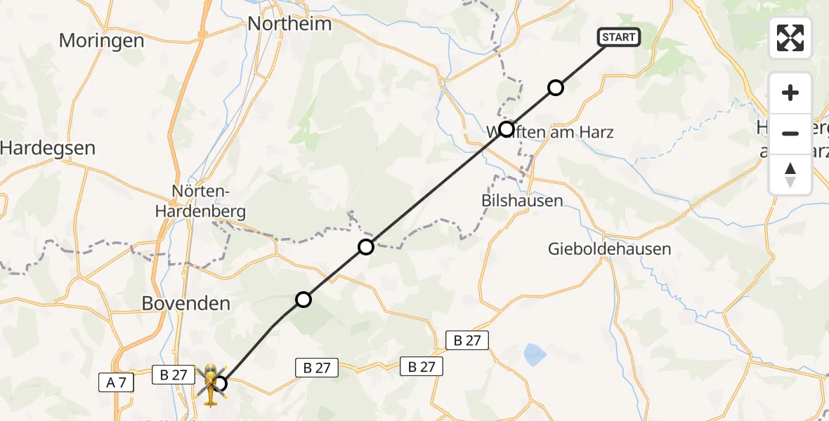 Flugroute Rettungshubschrauber Osterode am Harz - Göttingen University Clinic Hubschrauberlandeplatz, 19 Mai 2026, 12:55
