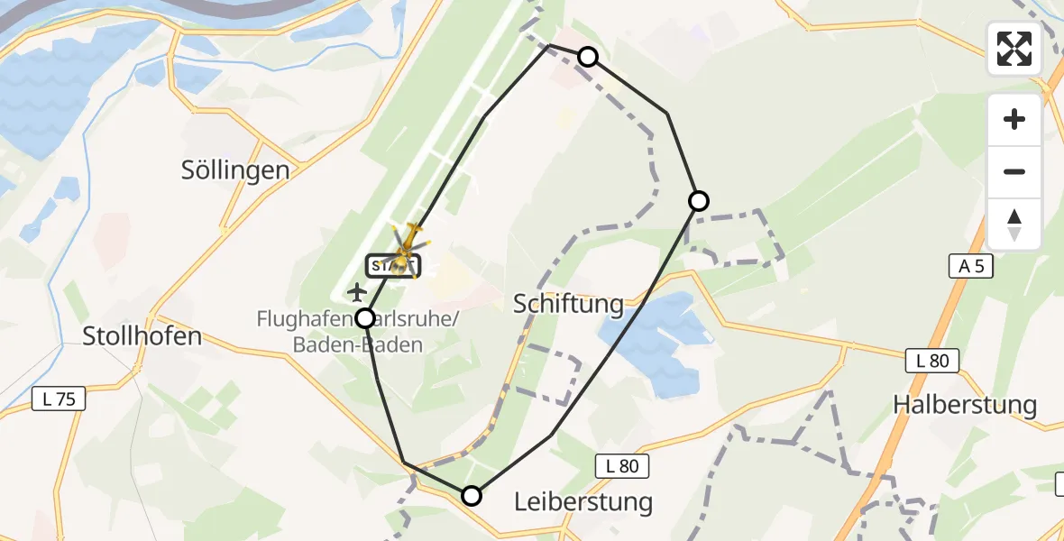 Flugroute Ambulanzhubschrauber Karlsruhe Baden-Baden Flughafen - Karlsruhe Baden-Baden Flughafen, 19 Mai 2026, 12:55