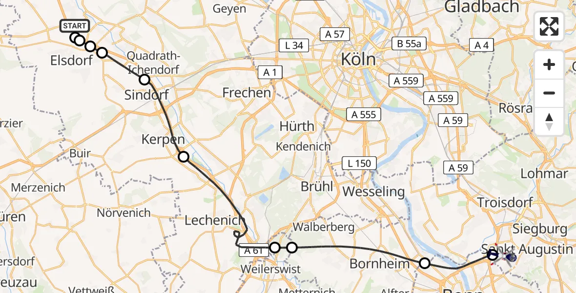 Flugroute Polizeihubschrauber Bergheim - Sankt Augustin, 19 Mai 2026, 12:59