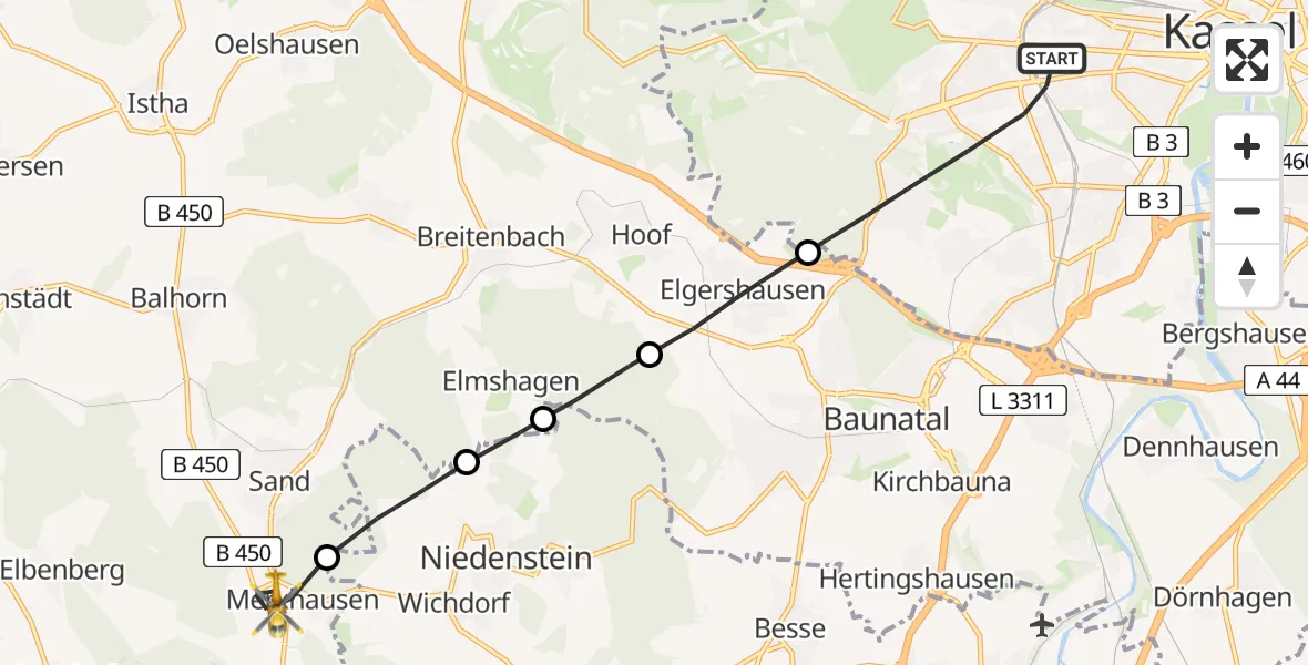 Flugroute Rettungshubschrauber Kassel - Bad Emstal, 19 Mai 2026, 13:01