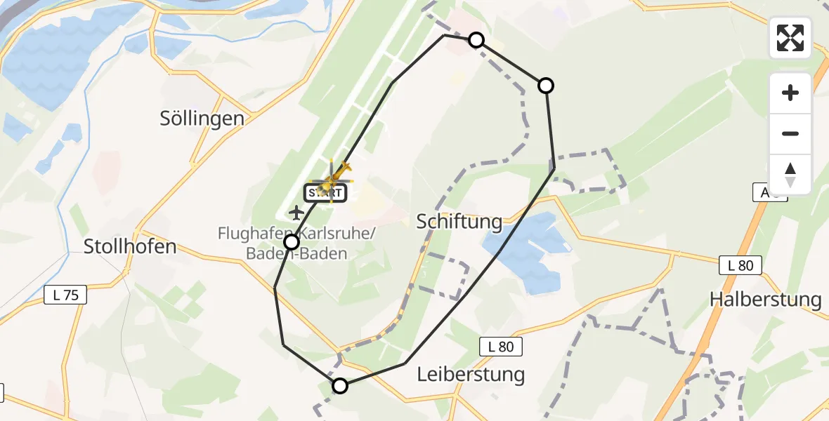 Flugroute Ambulanzhubschrauber Karlsruhe Baden-Baden Flughafen - Karlsruhe Baden-Baden Flughafen, 19 Mai 2026, 13:02