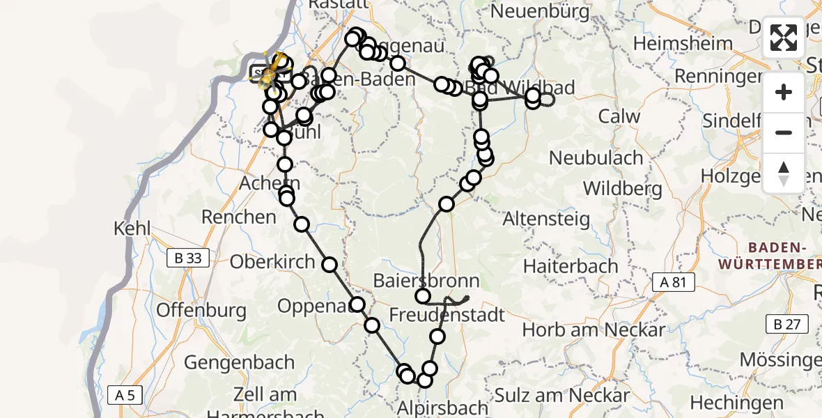 Flugroute Ambulanzhubschrauber Karlsruhe Baden-Baden Flughafen - Karlsruhe Baden-Baden Flughafen, 19 Mai 2026, 13:07