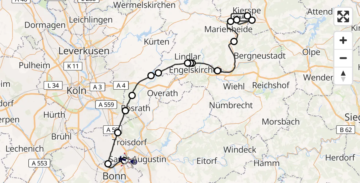 Flugroute Polizeihubschrauber Kierspe - Sankt Augustin, 19 Mai 2026, 13:09