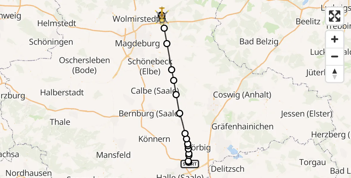 Flugroute Ambulanzhubschrauber Halle-Oppin Flugplatz - Jerichower Land District Hospital, 19 Mai 2026, 13:10