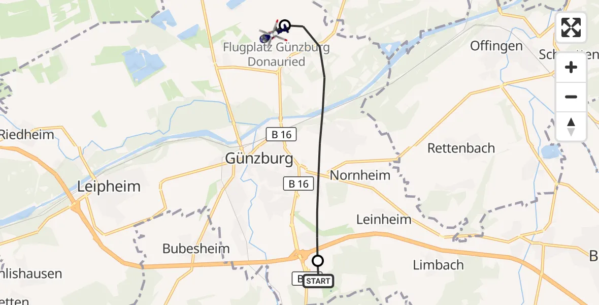 Flugroute Polizeihubschrauber Legoland Hubschrauberlandeplatz - Günzburg-Donauried Flugplatz, 19 Mai 2026, 13:12