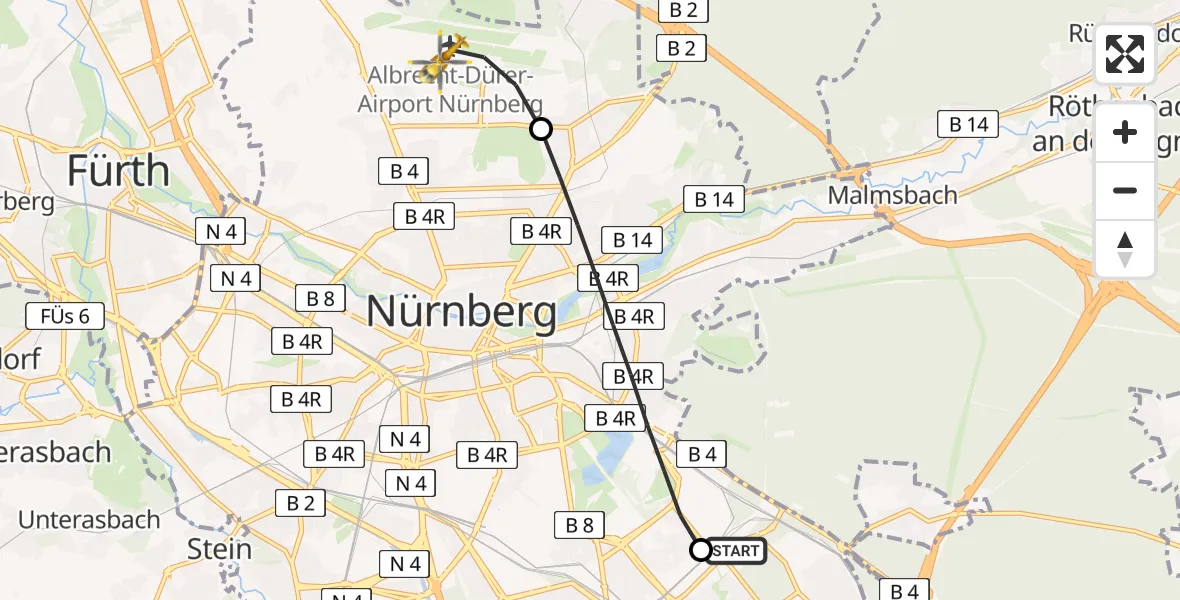 Flugroute Ambulanzhubschrauber Nürnberg South Hospital - Flughafen Nuremberg, 19 Mai 2026, 13:17