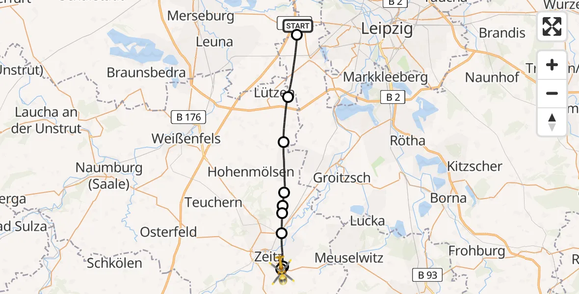 Flugroute Rettungshubschrauber Schkeuditz - Zeitz Hospital, 19 Mai 2026, 13:18