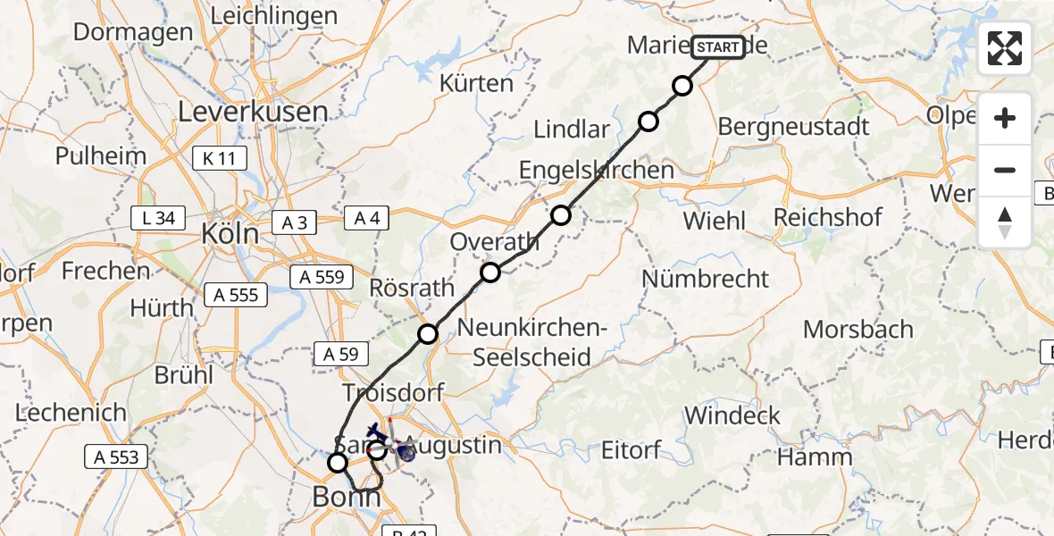 Flugroute Polizeihubschrauber Marienheide - Sankt Augustin, 19 Mai 2026, 13:20