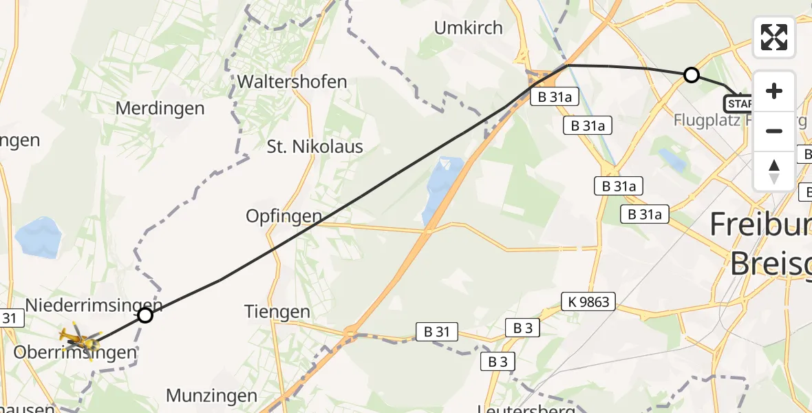 Flugroute Rettungshubschrauber Freiburg im Breisgau Flugplatz - Breisach am Rhein, 19 Mai 2026, 13:20