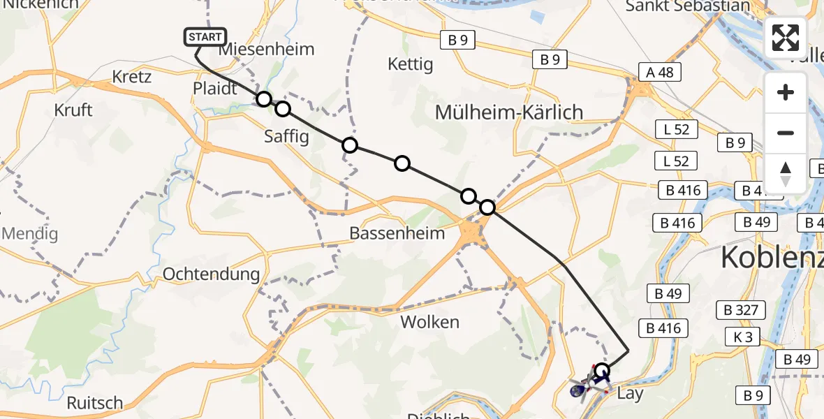 Flugroute Polizeihubschrauber Plaidt - Koblenz-Winningen Flugplatz, 19 Mai 2026, 13:21