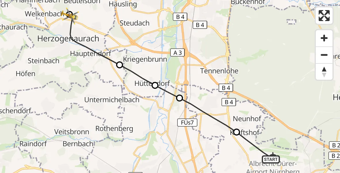 Flugroute Ambulanzhubschrauber Flughafen Nuremberg - Herzogenaurach Flugplatz, 19 Mai 2026, 13:24