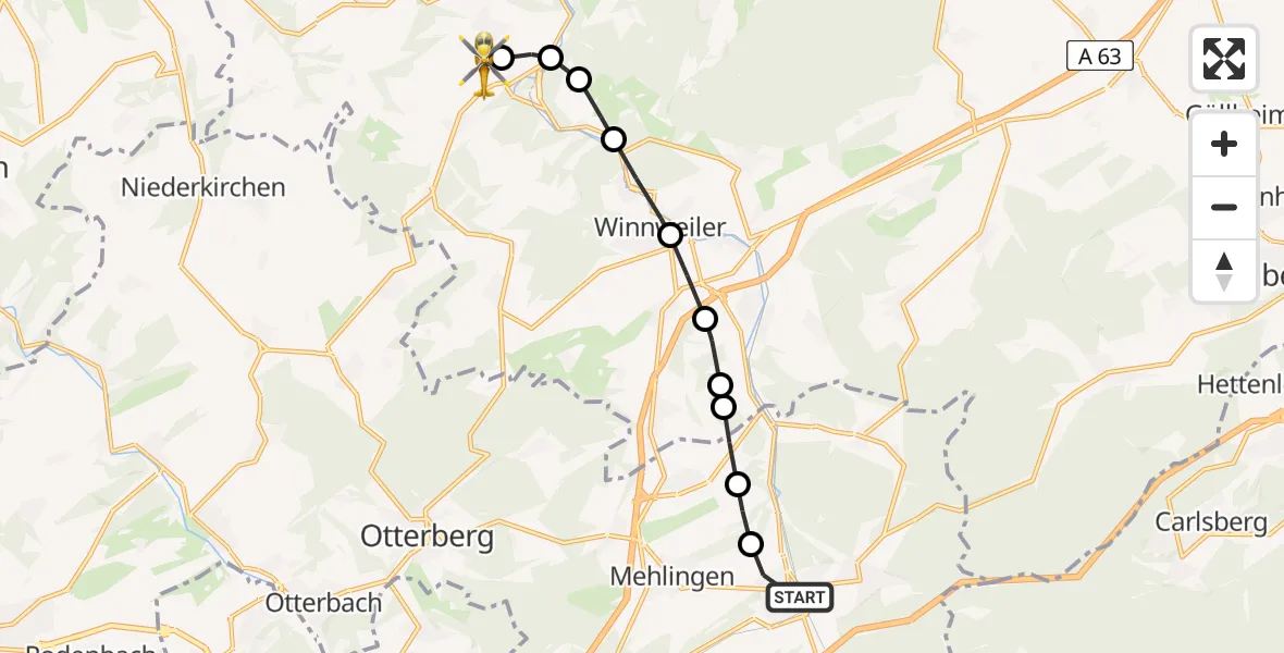 Flugroute Rettungshubschrauber Enkenbach-Alsenborn - Imsweiler UL, 19 Mai 2026, 13:24