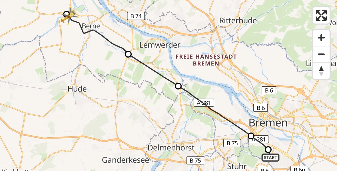 Flugroute Rettungshubschrauber ADAC Air Rescue Station Bremen Hubschrauberlandeplatz (Christoph 6) - Berne, 19 Mai 2026, 13:26