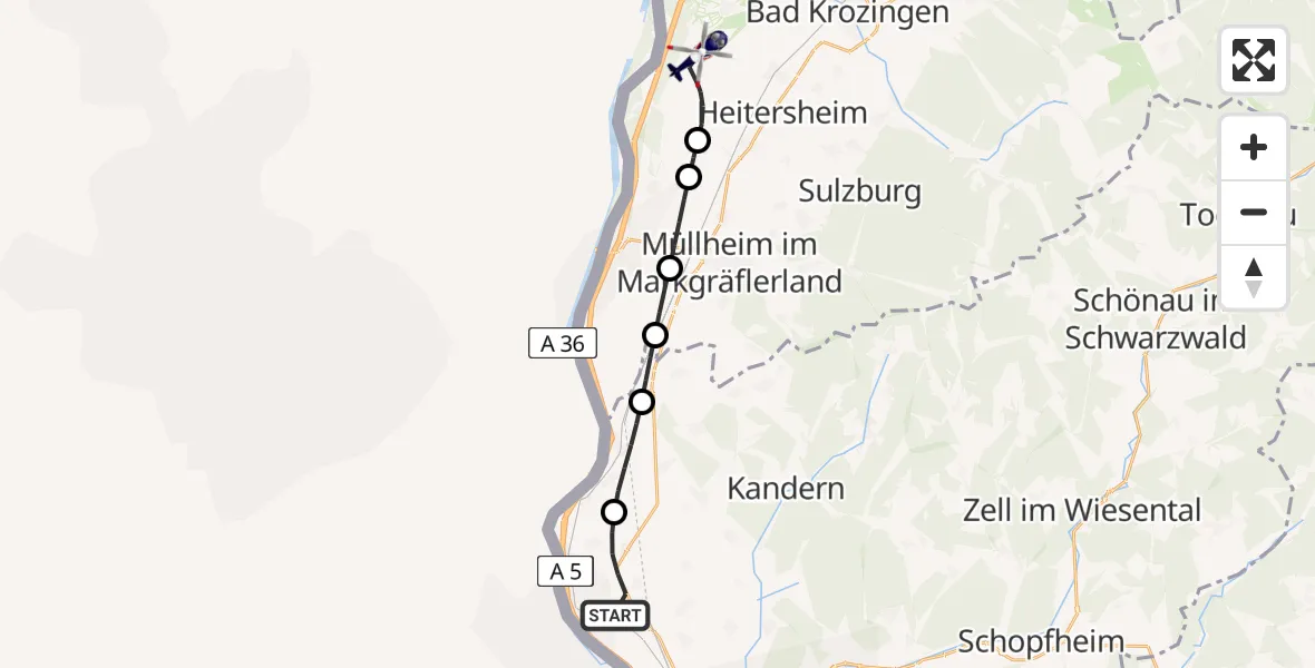 Flugroute Polizeihubschrauber Efringen-Kirchen - Eschbach, 19 Mai 2026, 13:28