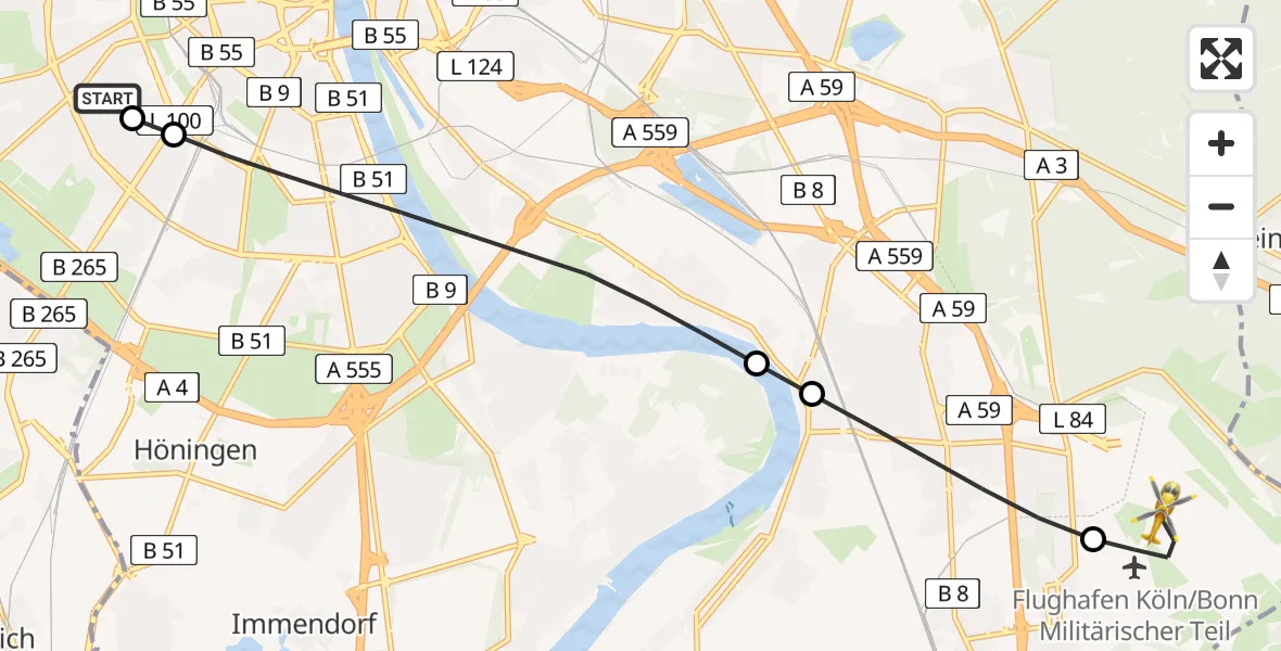 Flugroute Rettungshubschrauber Köln University Hospital - Köln Bonn Flughafen, 19 Mai 2026, 13:34